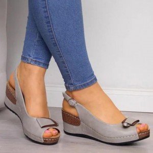 Peep Toe Ankle Buckle Fish Mouth Breathable Wedge Sandal-Grey