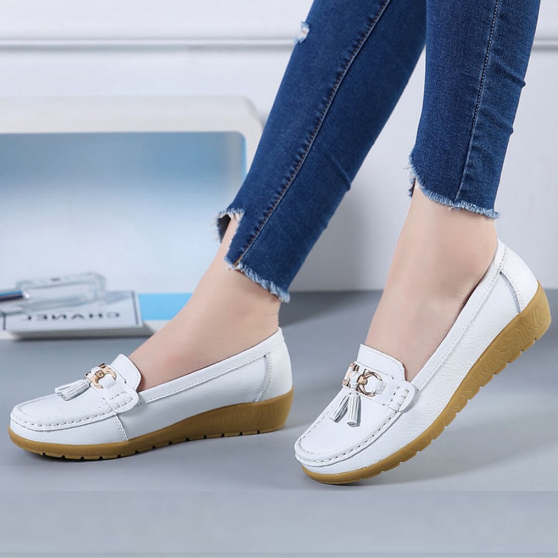 Buy Fashionable Round Toe Soft Rubber Sole Flat Shoes-White | Look ...