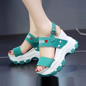 Women Fashion Open Toe Buckle High Heel Chunky Sandal-Light Green