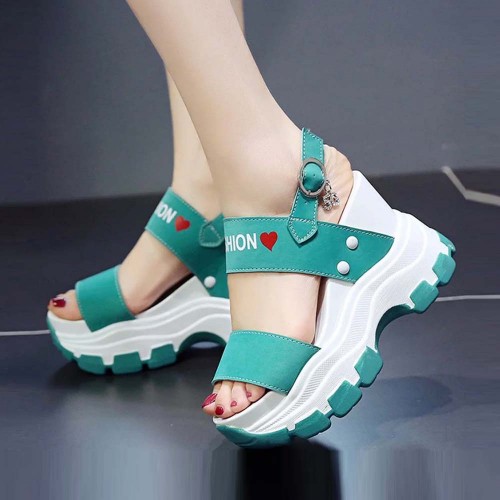 Women Fashion Open Toe Buckle High Heel Chunky Sandal-Light Green image