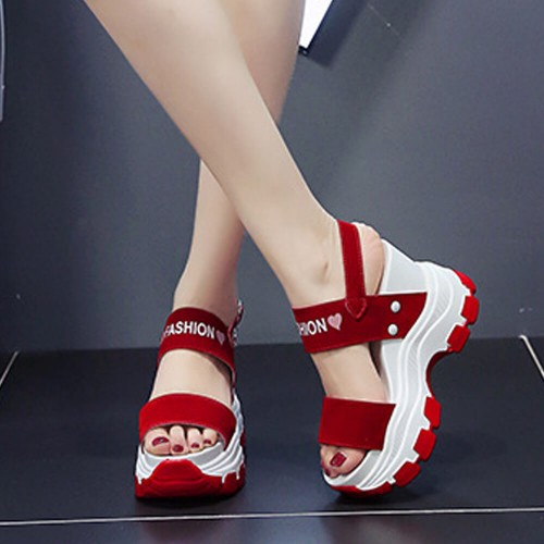 Women Fashion Open Toe Buckle High Heel Chunky Sandal-Red image