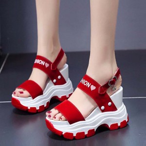 Women Fashion Open Toe Buckle High Heel Chunky Sandal-Red