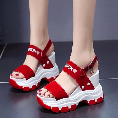 Women Fashion Open Toe Buckle High Heel Chunky Sandal-Red image