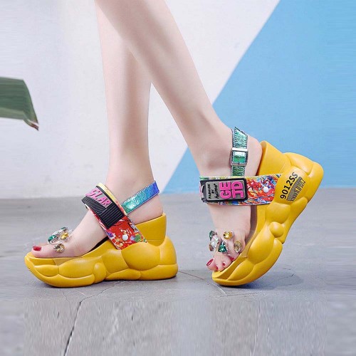 Thick Bottom Transparent Crystal Belt Buckle Sandal-Yellow image