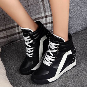 Revert Style Lace Up Wedge High Sole Sneakers - Black