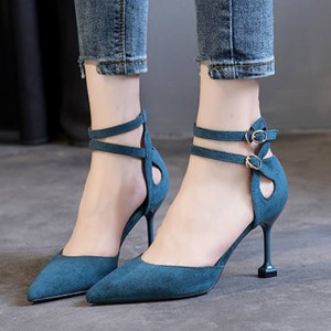 Stylish Close Toe Belt Buckle Stiletto High Heel-Blue
