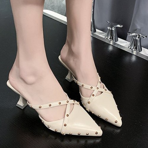 French Fashion Revert Pointed Mid Stiletto Heel Shoes-Beige image