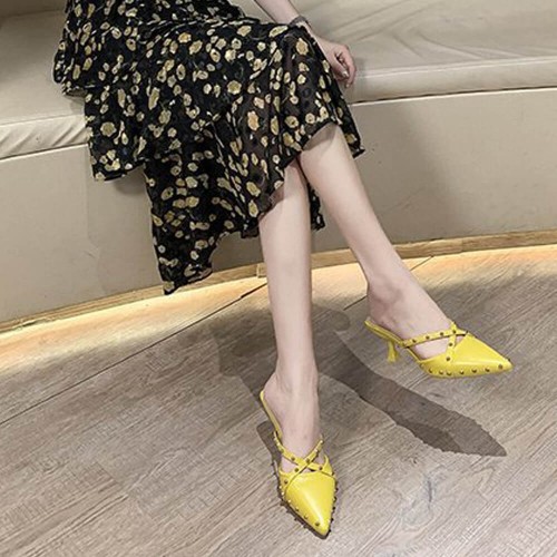 French Fashion Revert Pointed Mid Stiletto Heel Shoes-Yellow image