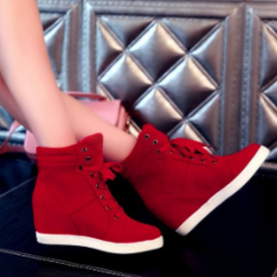 Flat Bottom High Heel Lace up Sneakers-Red image