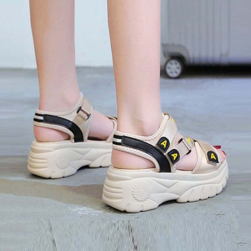 Open Toe Thick Base Platform Velcro Sandals -Beige | image