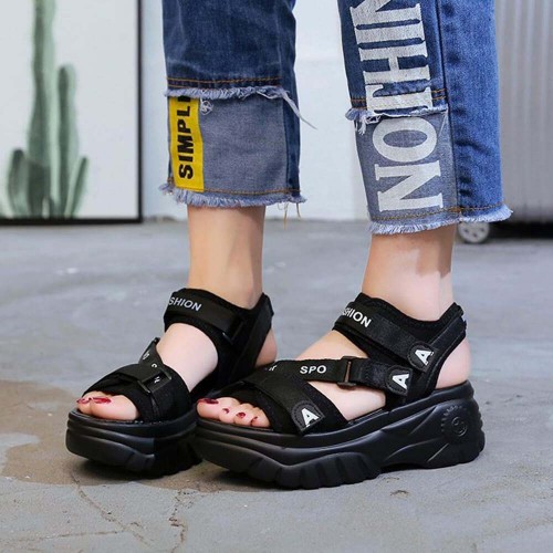 Open Toe Thick Base Platform Velcro Sandals -Black | Image