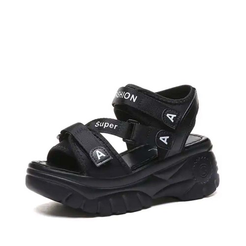 Open Toe Thick Base Platform Velcro Sandals -Black | Image