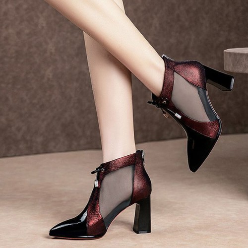 Classy Mesh Net Lace Up Close Toe Thick Heel Party Shoes - Maroon image