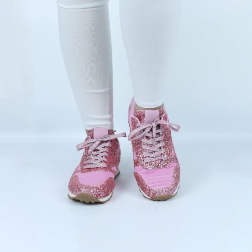 Glitter Sequin Lace Up Casual Sneakers -Pink image