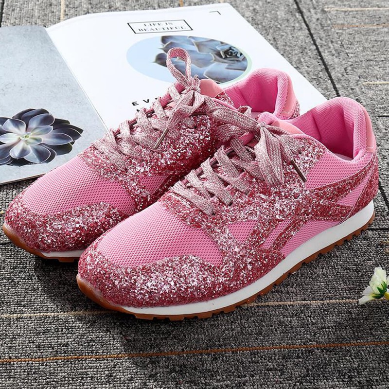 Glitter Sequin Lace Up Casual Sneakers -Pink image