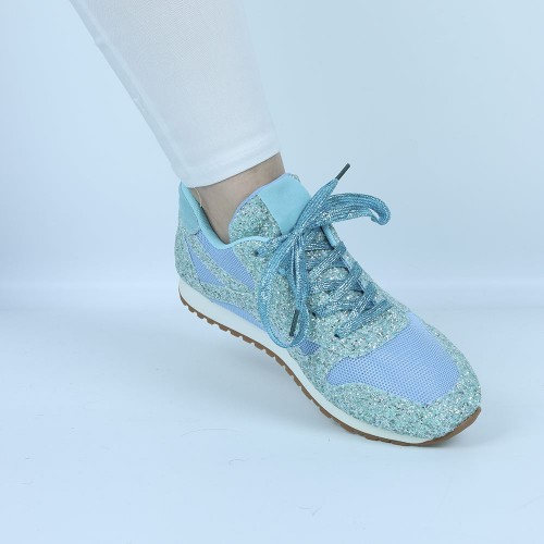 Glitter Sequin Lace Up Casual Sneakers -Light Blue image