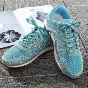 Glitter Sequin Lace Up Casual Sneakers -Light Blue