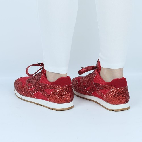 Glitter Sequin Lace Up Casual Sneakers -Red image