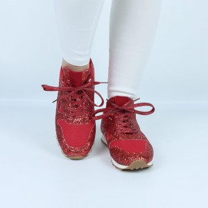 Glitter Sequin Lace Up Casual Sneakers -Red