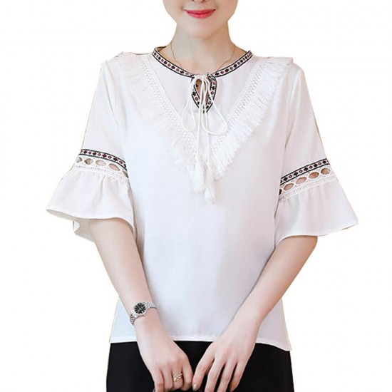  Elegant Summer Cotton Blouse Women Short Sleeve Shirt-White image