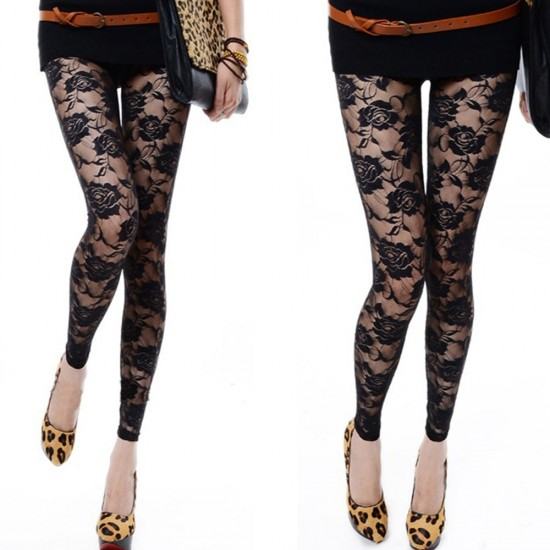 Stylish Mesh Full Length Hollow Out Women Lace Leggings-Black image