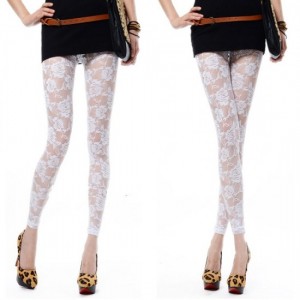 Stylish Mesh Full Length Hollow Out Women Lace Leggings-White