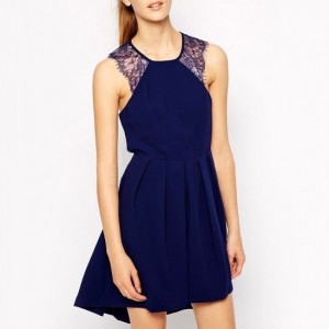 Lace Patchwork Round Neck Flare Knee Length Dress-Blue