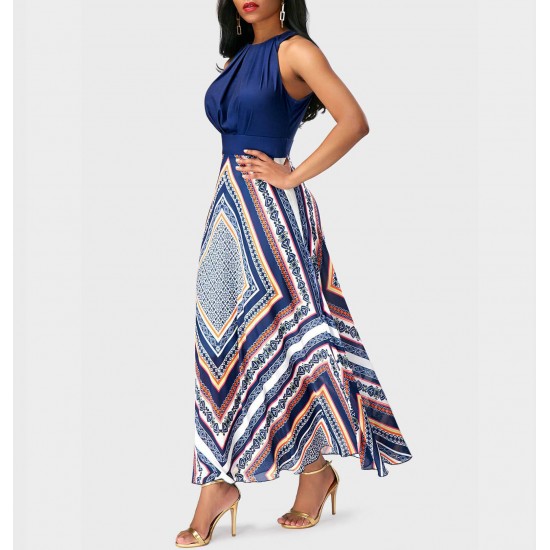Trendy Hanging Neck Top with High Waist Sleeveless Long Maxi Dress-Blue image