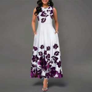 Classic Sleeveless Floral Round Neck High Waist Maxi Dress-White