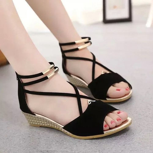 Fashion Comfort Solid Strap Low-heeled High Wedge Sandals-Black image