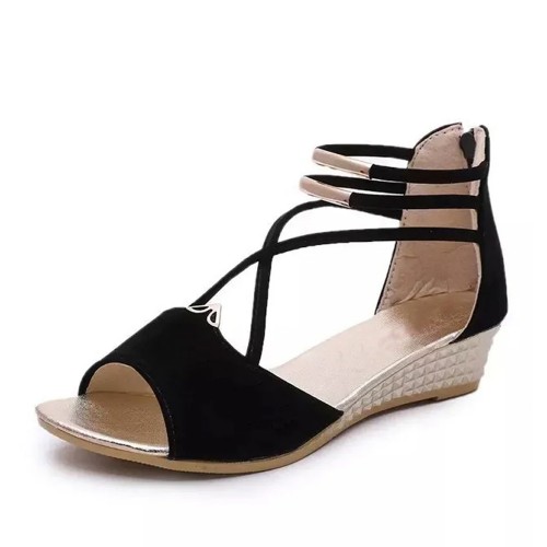 Fashion Comfort Solid Strap Low-heeled High Wedge Sandals-Black image