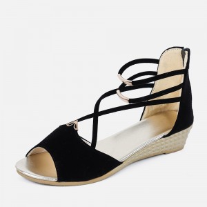 Fashion Comfort Solid Strap Low-heeled Sandals-Black