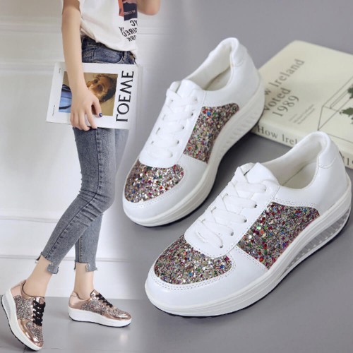 Stylish Round Toe Lace Up Shinning Glitter Sneaker -White image