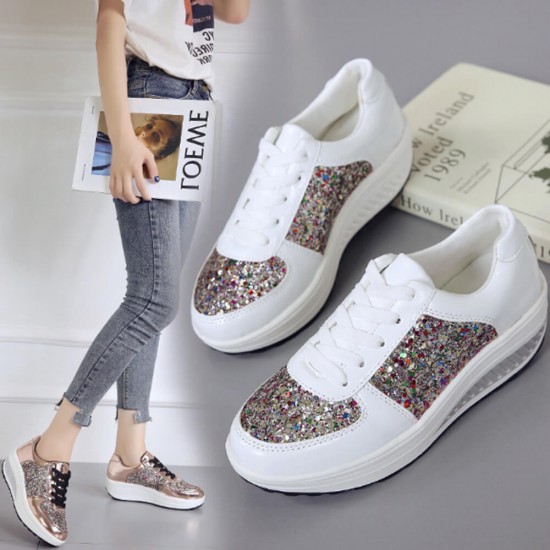 Stylish Round Toe Lace Up Shinning Glitter Sneaker -White image