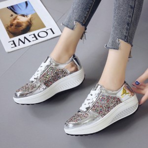 Stylish Round Toe Lace Up Shinning Glitter Sneaker -White
