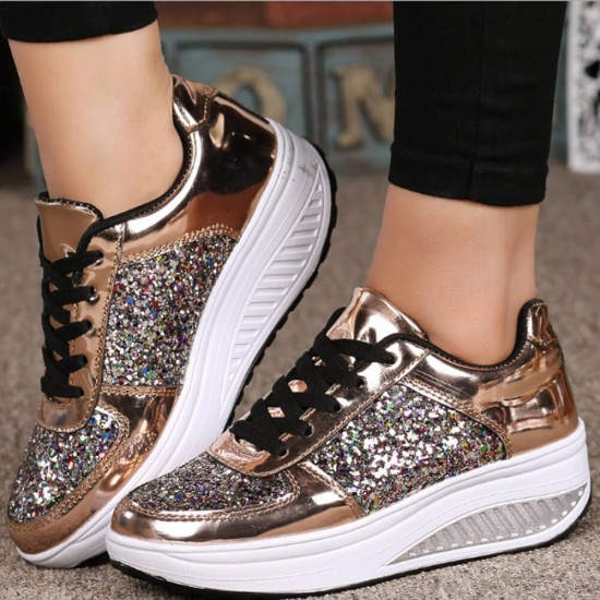 Stylish Round Toe Lace Up Shinning Glitter Sneaker -Golden image