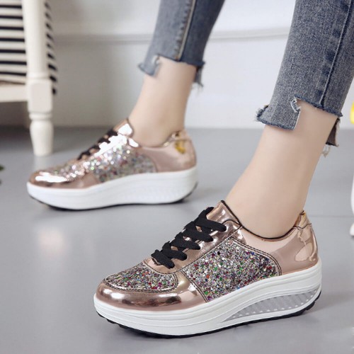 Stylish Round Toe Lace Up Shinning Glitter Sneaker -Golden image