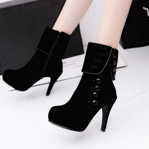 Suede Button Long Hot Style High Heeled Button Boots -Black image