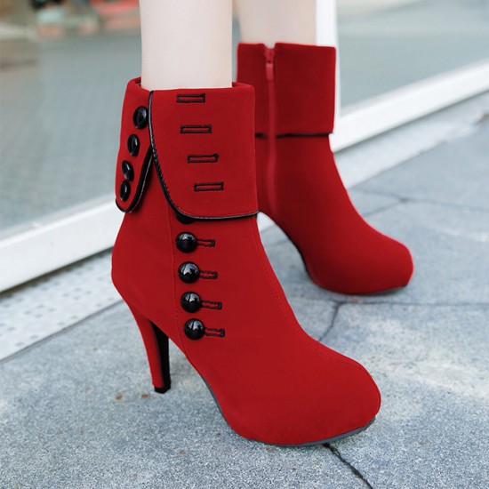 Suede Button Long Hot Style High Heeled Button Boots -Red image