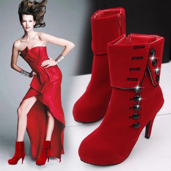 Suede Button Long Hot Style High Heeled Button Boots -Red image