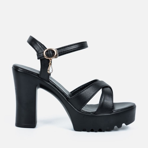 Thick Chunky Heel Buckle Party High Sandals -Black image