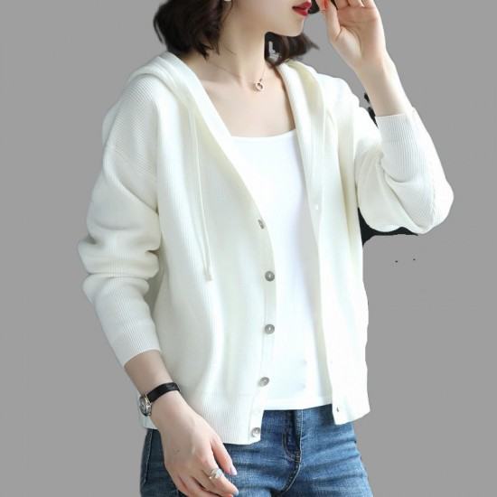 Casual Button Down V-Neck Full Sleeve Hooded Jacket-White image