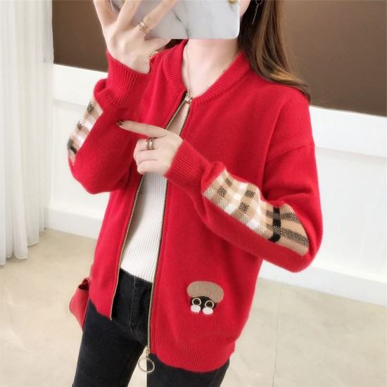 Full Sleeve Round Neck Cardigan Sweater Jacket-Red image