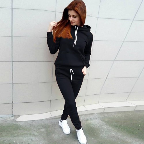 New Sports Wear Two Piece Trendy Hoodie Track Suit-Black image