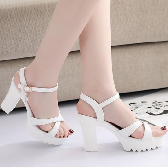 Thick Chunky Heel Buckle Party High Sandals -White image