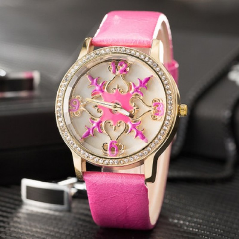 Diamond Plated Curved Dial Heart Pendent Shining Leather Strap Watch-Pink image