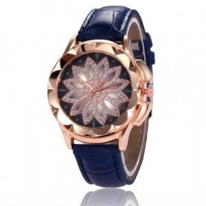 Trendy Floral Dial Leather Belt Wrist Watch-Blue