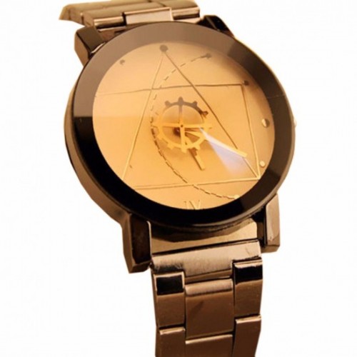 Steel Belt Geometric Pattern Golden Dial Wrist Watch-Yellow image