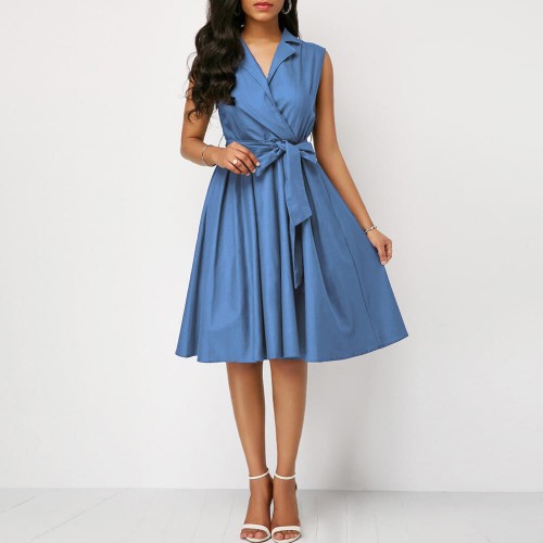 Bow Knot Sleeveless High Waist Mid-skirt Dress - Blue image