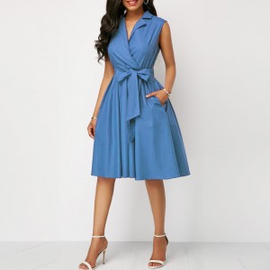 Bow Knot Sleeveless High Waist Mid-skirt Dress - Blue